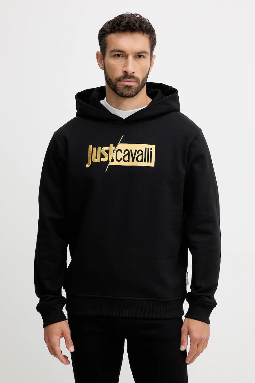 Just Cavalli hanorac de bumbac culoarea negru, cu glugă, cu imprimeu, 79OAIB01 CF802