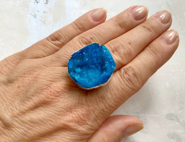 Inel Agata Druzy albastra & alama argintata