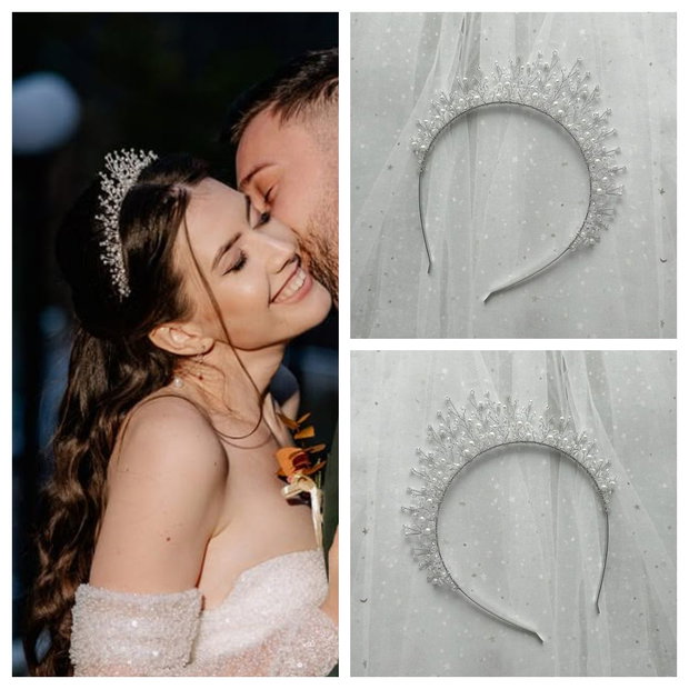 Tiara mireasa cu perle albe si cristale transparente