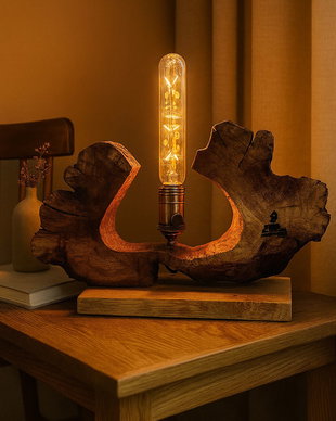 Lampă decorativă din lemn masiv de stejar  Design organic, unicat, cu bec Edison inclus | Handmade în România