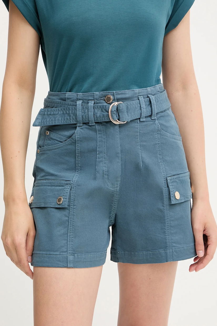 Morgan pantaloni scurți culoarea turcoaz, uni, high waist, SHITITO