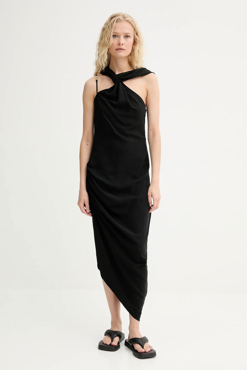 Renewed rochie din amestec de in creative upcycling culoarea negru, midi, mulata, Renewed INTU x Answear