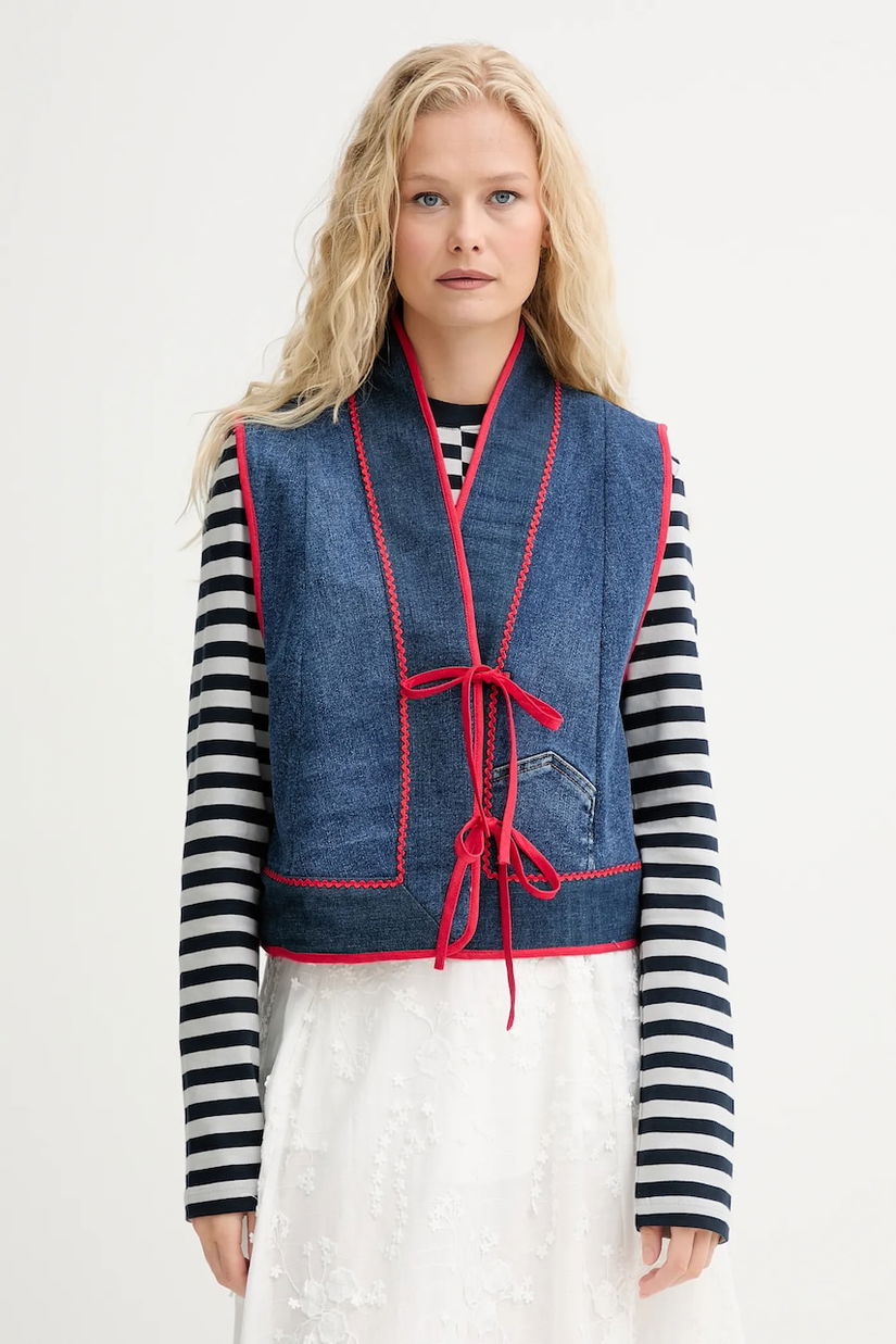 Renewed vestă creative upcycling culoarea bleumarin, un singur rând de nasturi, Renewed INTU x Answear