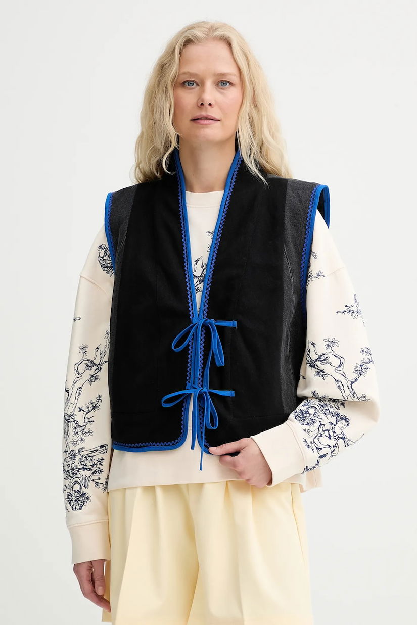Renewed vestă creative upcycling culoarea negru, un singur rând de nasturi, Renewed INTU x Answear