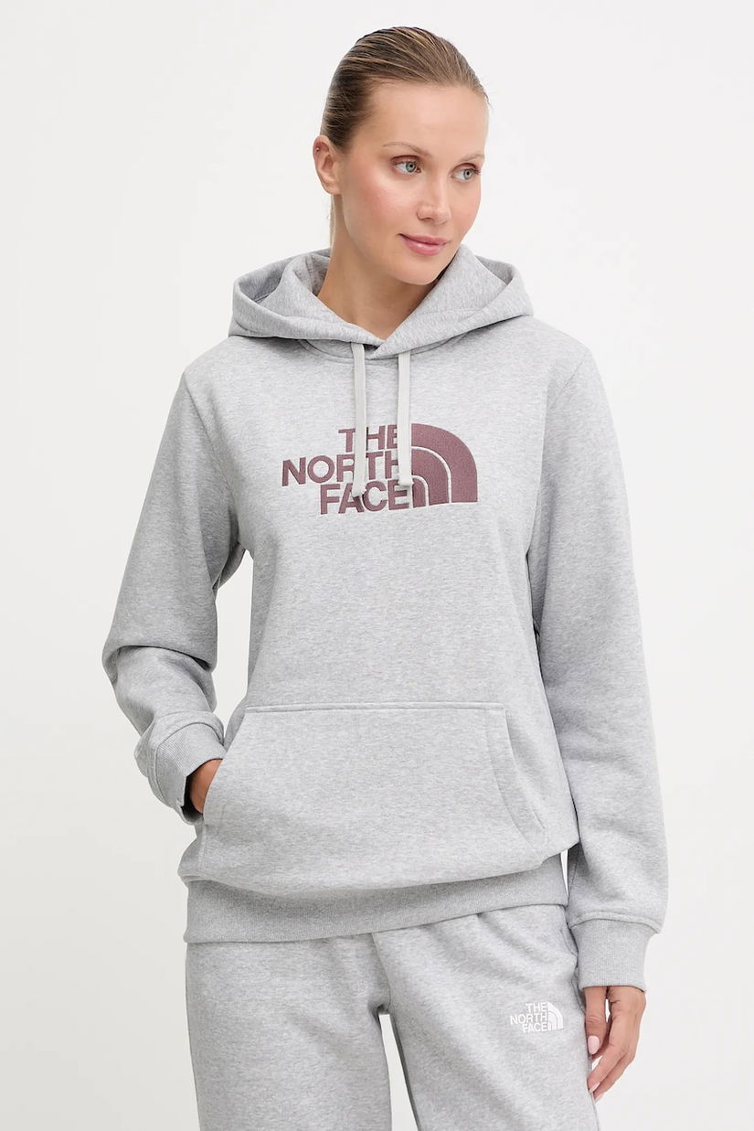 The North Face bluză Drew Peak culoarea gri, cu glugă, cu imprimeu, NF0A89EHFB31