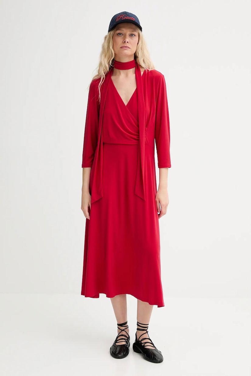 Renewed rochie din in creative upcycling culoarea rosu, midi, evazati, Renewed INTU x Answear