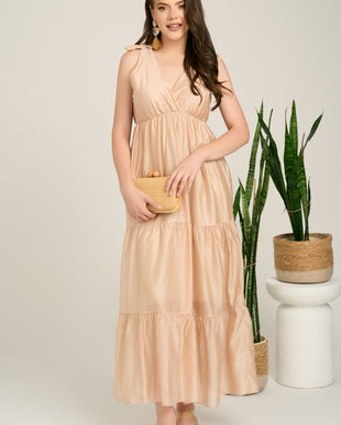 Rochie lunga bej din tencel cu funde la umeri