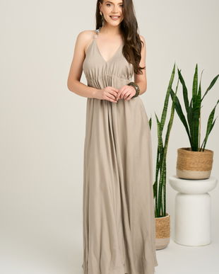 Rochie lunga gri din viscoza cu croi lejer si snur reglabil in talie