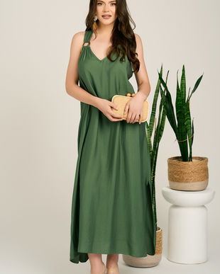 Rochie lunga kaki din viscoza cu croi tip A si crapaturi in laterale