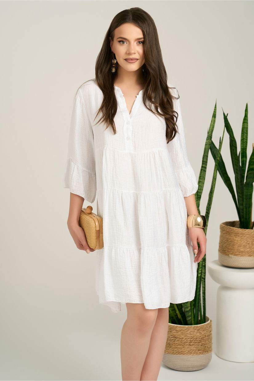 Rochie midi alba din tencel creponat cu croi tip A si nasturi la bust