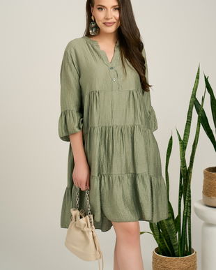 Rochie midi kaki din tencel creponat cu croi tip A si nasturi la bust