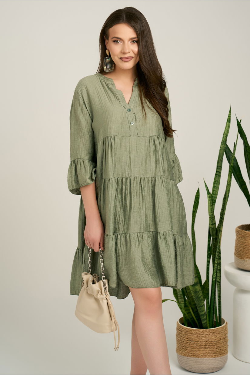 Rochie midi kaki din tencel creponat cu croi tip A si nasturi la bust