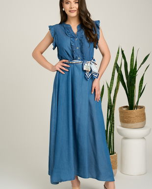 Rochie lunga albastra din denim in clos cu nasturi la bust si cordon in talie