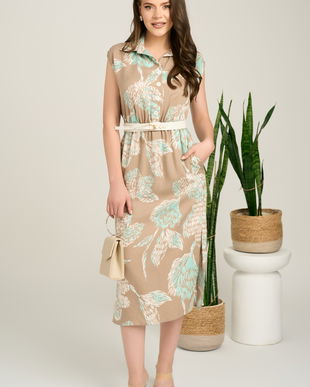 Rochie midi bej cu imprimeu verde mint din tencel cu elastic si curea in talie