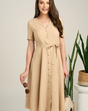 Rochie DY Fashion midi bej din material fluid in clos cu nasturi si cordon in talie