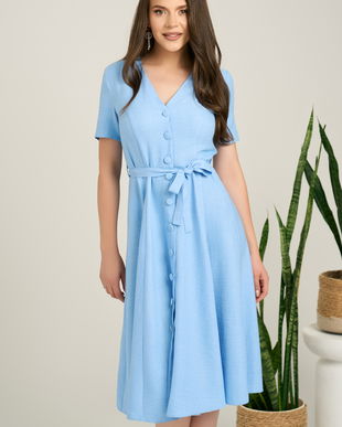 Rochie DY Fashion midi bleu din material fluid in clos cu nasturi si cordon in talie