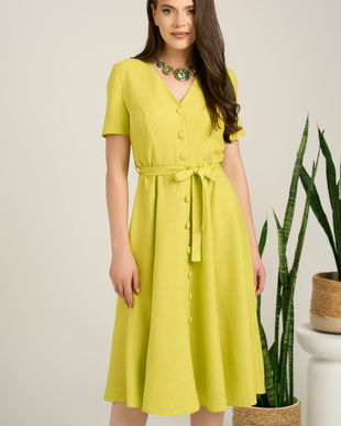 Rochie DY Fashion midi verde lime din material fluid in clos cu nasturi si cordon in talie