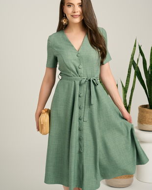 Rochie DY Fashion midi kaki din material fluid in clos cu nasturi si cordon in talie