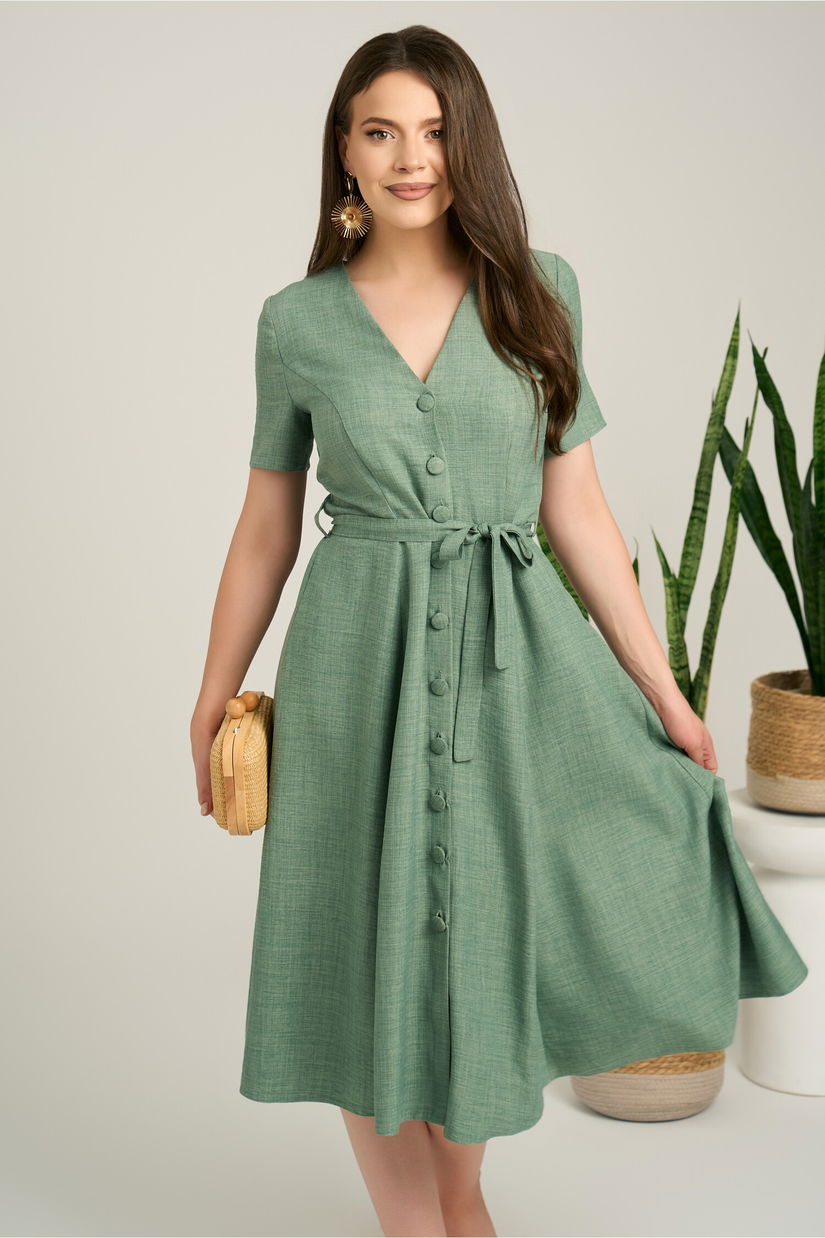 Rochie DY Fashion midi kaki din material fluid in clos cu nasturi si cordon in talie