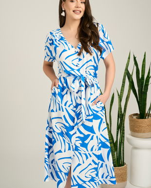 Rochie midi albastra din bumbac cu imprimeuri albe si cordon in talie