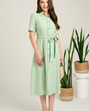 Rochie midi verde mint din viscoza in clos cu aspect sidefat si cordon in talie