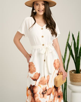 Rochie midi alba din satin cu imprimeuri florale maro la baza si cordon in talie