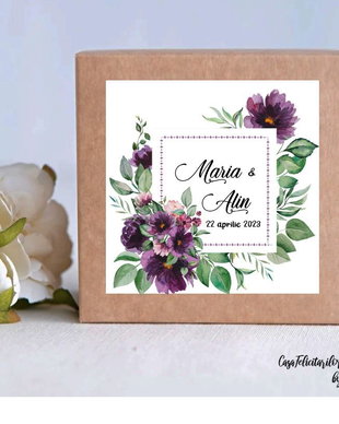 Etichete marturii nuntă, patrate, model floral mov