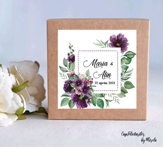 Etichete marturii nuntă, patrate, model floral mov