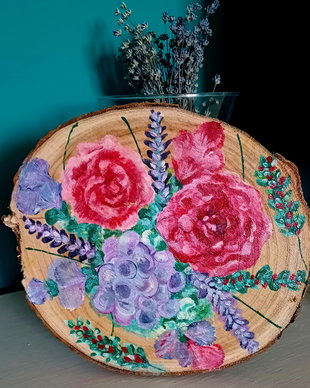 Tablou floral pictat manual pe lemn natural  decor rustic unicat