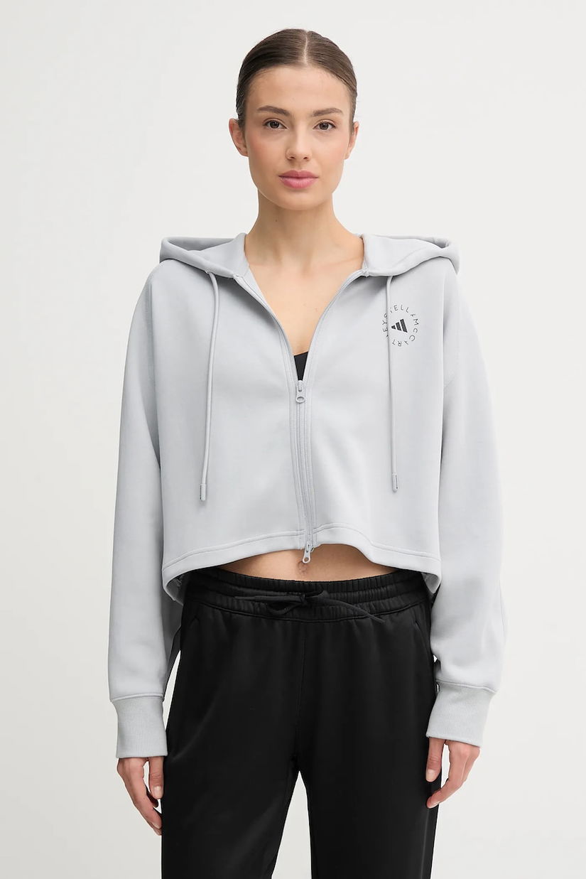 adidas by Stella McCartney hanorac de antrenament culoarea gri, cu glugă, cu imprimeu, JW4689