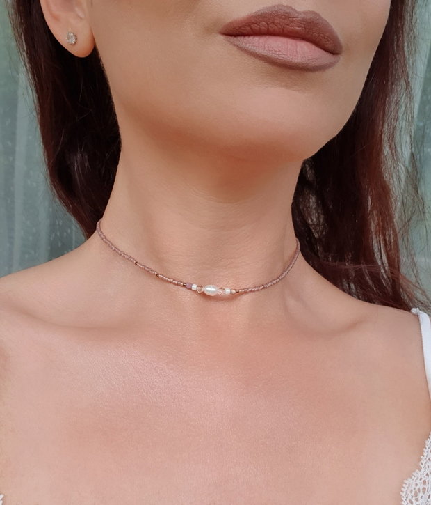 Choker nud cu perlă de cultură și cristale Swarovski