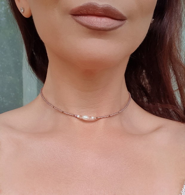 Choker nud cu perlă de cultură și cristale Swarovski