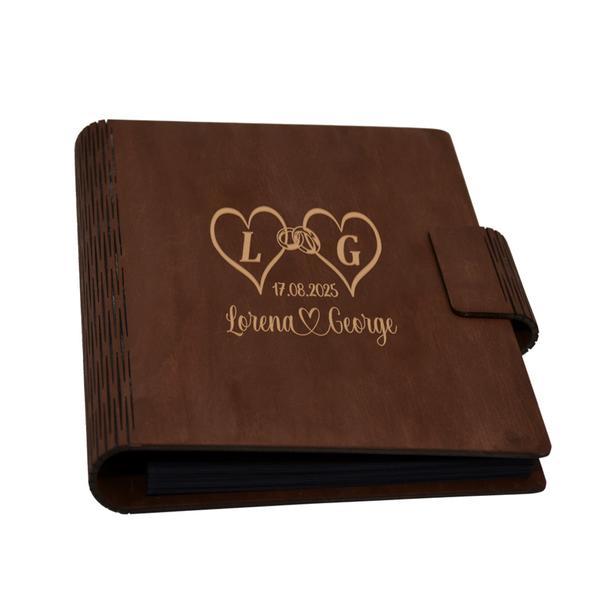Guestbook de nunta, inimi, Album foto din lemn personalizat, Maro, A5, Piksel, pix si lipici stick inclus