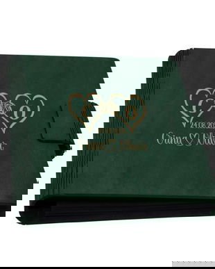 Guestbook de nunta, inimi, Album foto din lemn personalizat, Verde inchis, A5, Piksel, pix si lipici stick inclus