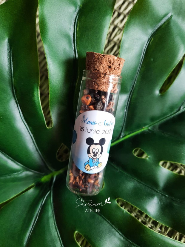 Mărturie botez cu tematică Mickey Mouse. Mărturie sticluță cu ceai