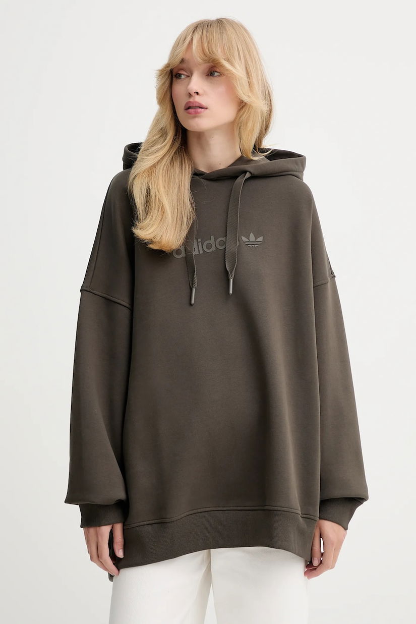 adidas Originals bluză Ess Lin Hoodie culoarea verde, cu glugă, cu imprimeu, JW1029
