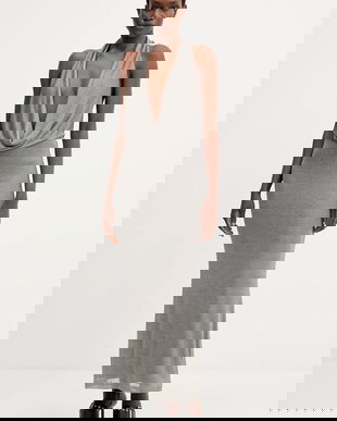 Bardot rochie culoarea argintiu, midi, mulata, 59814DB1