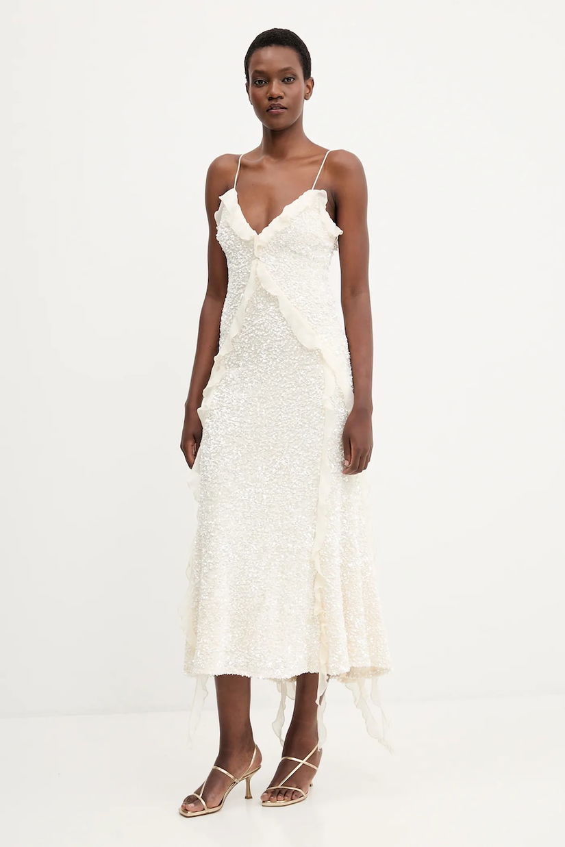 Bardot rochie culoarea bej, maxi, evazati, 59338DB1