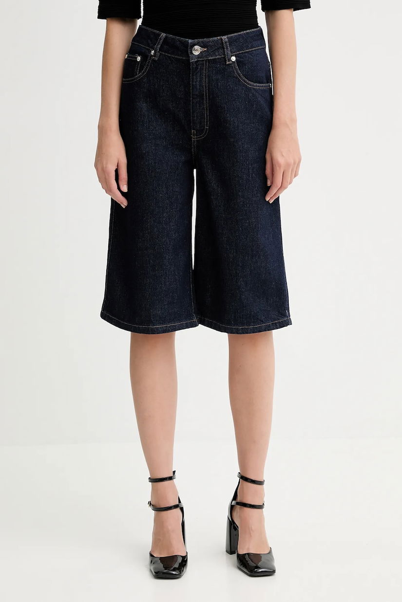 Gestuz pantaloni scurți jeans culoarea albastru marin, neted, high waist, 10910456