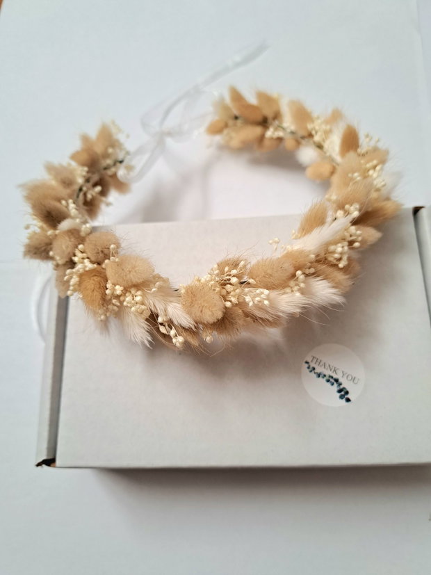 Coroniță cu Lagurus pentru păr , Boho - flori uscate , Alb - Bej