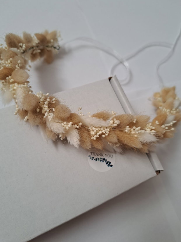 Coroniță cu Lagurus pentru păr , Boho - flori uscate , Alb - Bej