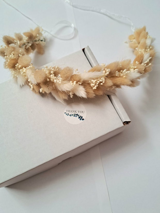 Coroniță cu Lagurus pentru păr , Boho - flori uscate , Alb - Bej