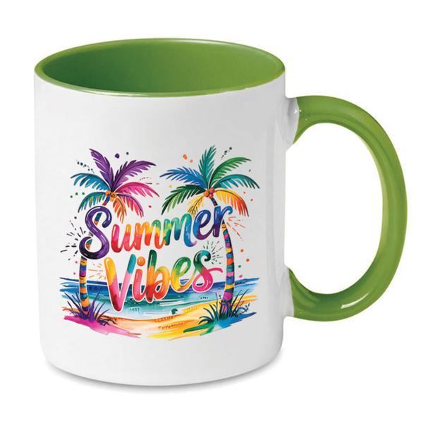 Cana ceramica, alba, Piksel, 300 ml, Summer Vibes, interior si maner colorat verde