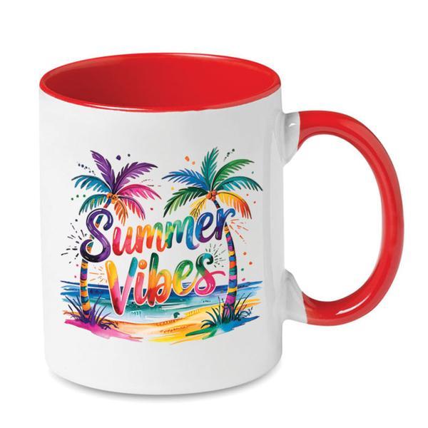 Cana ceramica, alba, Piksel, 300 ml, Summer Vibes, interior si maner colorat rosu