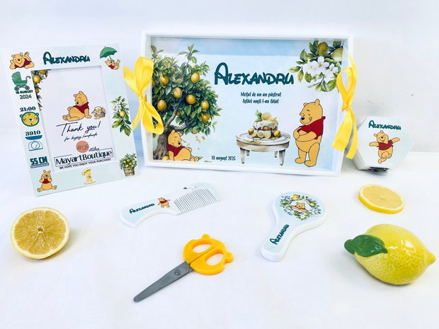 Set aniversar personalizat 1 anisor - Winnie the Pooh and lemons - Tavita mot si accesorii