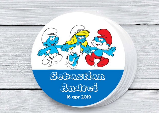 Etichete tematice Ștrumfi personalizate pentru botez sau aniversare rotunde, carton sau autocolant