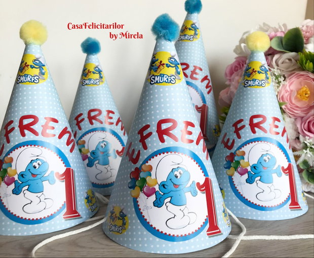 Etichete tematice Ștrumfi personalizate pentru botez sau aniversare rotunde, carton sau autocolant