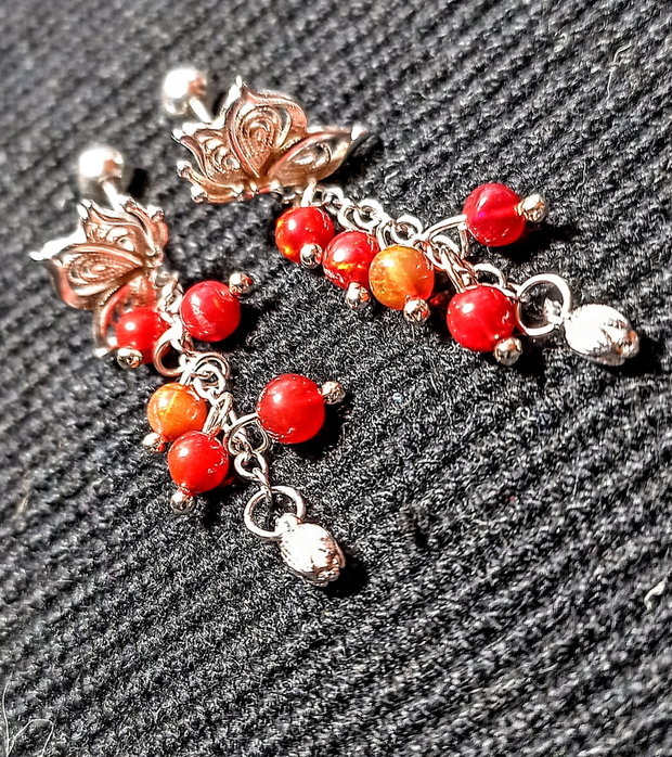Cercei argint opal de foc etiopian rosu tija fluturi lant charm floare argint minimalisti boho chic trendy - Transport gratuit