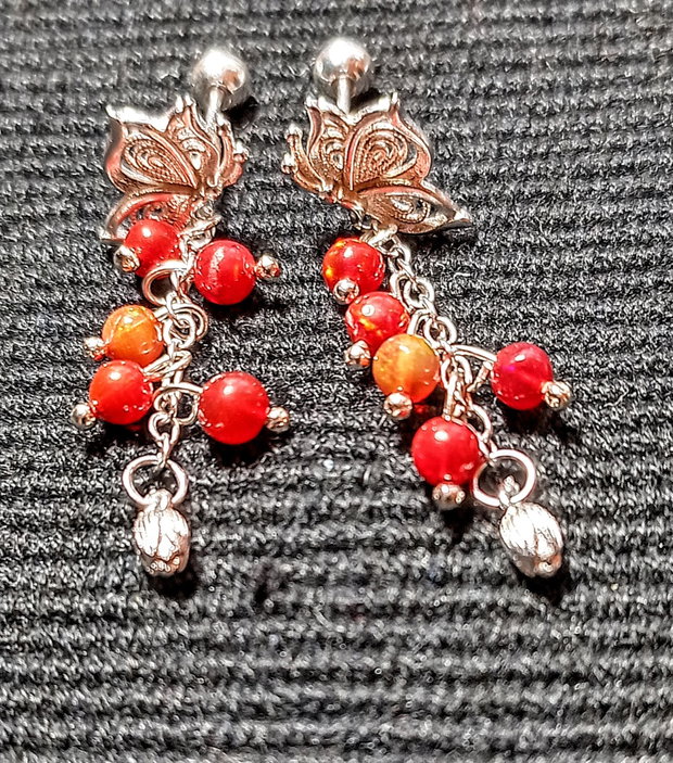 Cercei argint opal de foc etiopian rosu tija fluturi lant charm floare argint minimalisti boho chic trendy - Transport gratuit