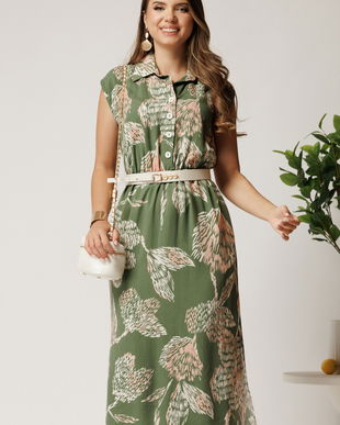 Rochie midi kaki cu imprimeu roz din tencel cu elastic si curea in talie